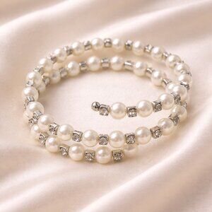 Pearl Rhinestone Coil Wrap Bracelet White Silver Tone Bridal